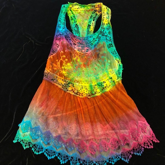 Tops - Tie dye crochet beach cover up lace top rainbow